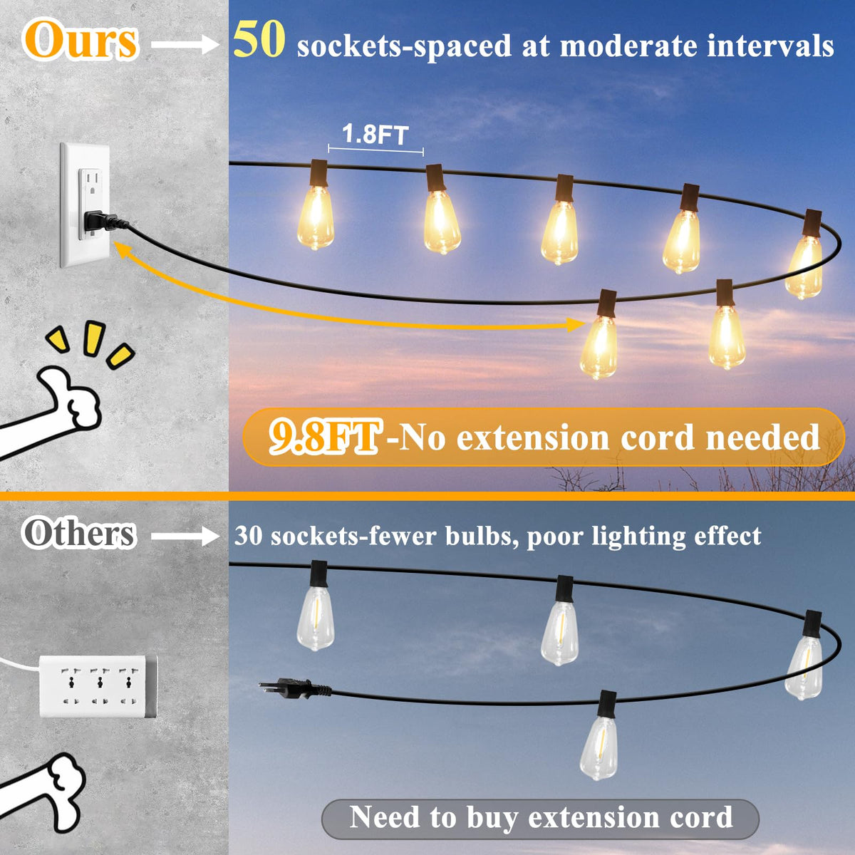100FT Outdoor String Lights 52 Bulbs, Waterproof Patio Lights