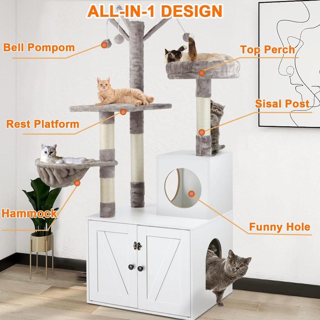 Cat Tree Tower with Litter Box Enclosure, 2-in-1 Wooden Cat Condo