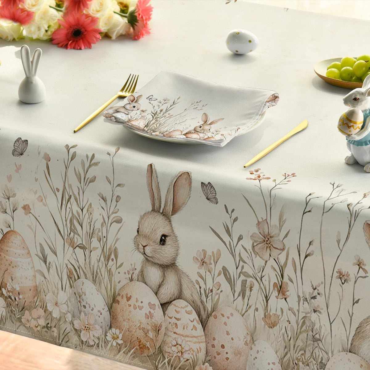 Easter Tablecloth 60 x 84 Inch Rectangular Beige Easter Bunny