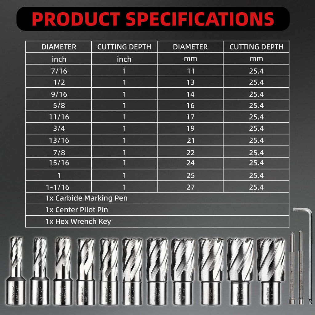 ANGELSWORD M2 HSS Annular Cutter Set 14 Pcs,Cutting Depth 1",Mag Drill Bit