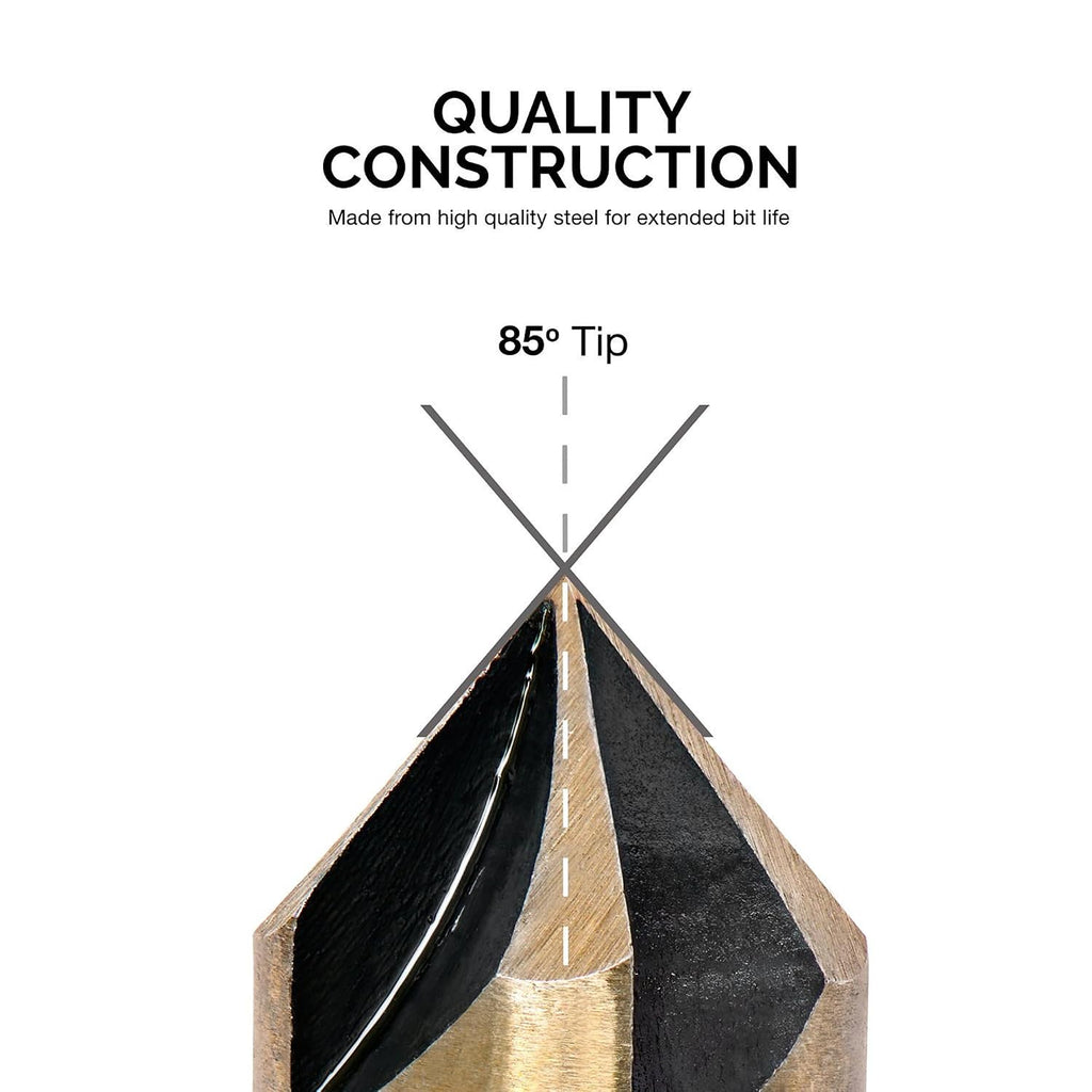 NEIKO 10218A Countersink Drill Bit Set for Wood and Metal, 1/4” Tri-Flat Shank, 5 Piece Countersink Bits, M2 High Speed Steel