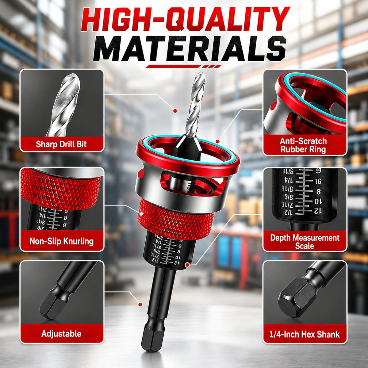 Countersink Drill Bits Set with Adjustable Depth Stop for Woodworking, Red