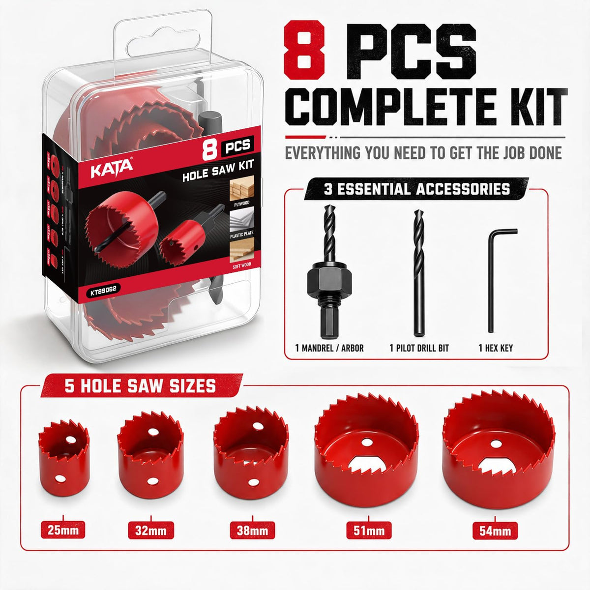 KATA 8PCS Hole Saw Kit 1" to 2-1/8" Hole Saw in Case for Wood, PVC, Plywood