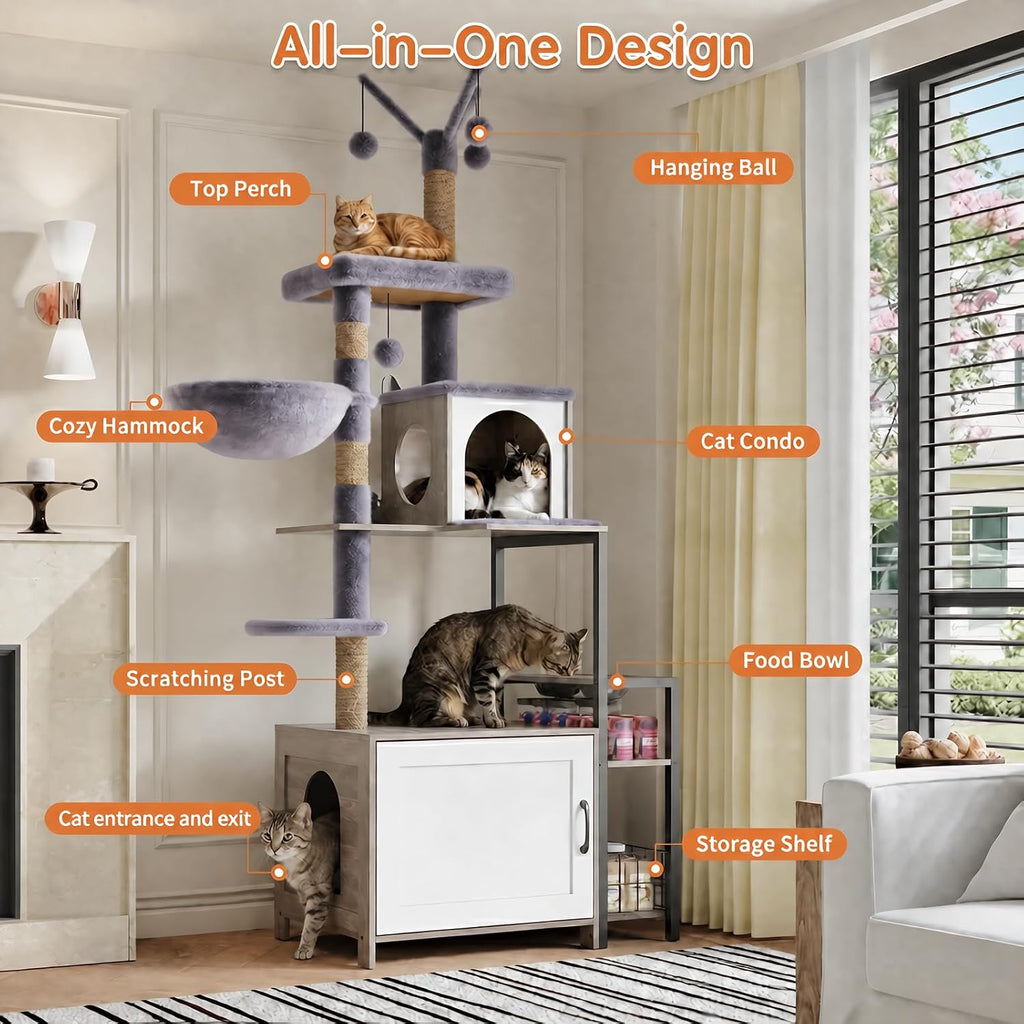 Cat Tree with Food Station and Litter Box Enclosure, Multi-Level Cat Tree Tower with Sisal Scratch Posts for