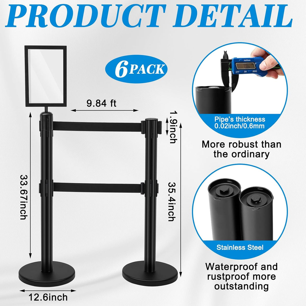 6 Pcs Crowd Control Stanchions Set Stainless Steel Barrier Post with Dual Retractable Belt 9.8 ft and 1 Sign Holder