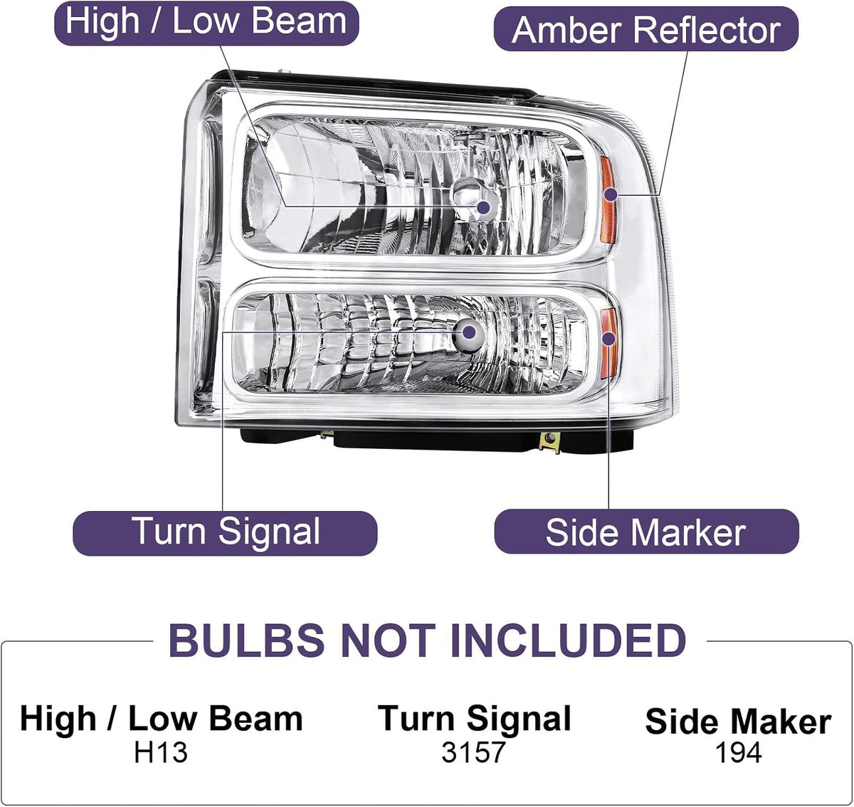 Headlight Assembly Compatible with 2005-2007 2005 2006 2007 05 06 07 Ford F250 F350 F450 F550 Super Duty/2005 Ford Excursion (Chrome Housing Amber Reflector)