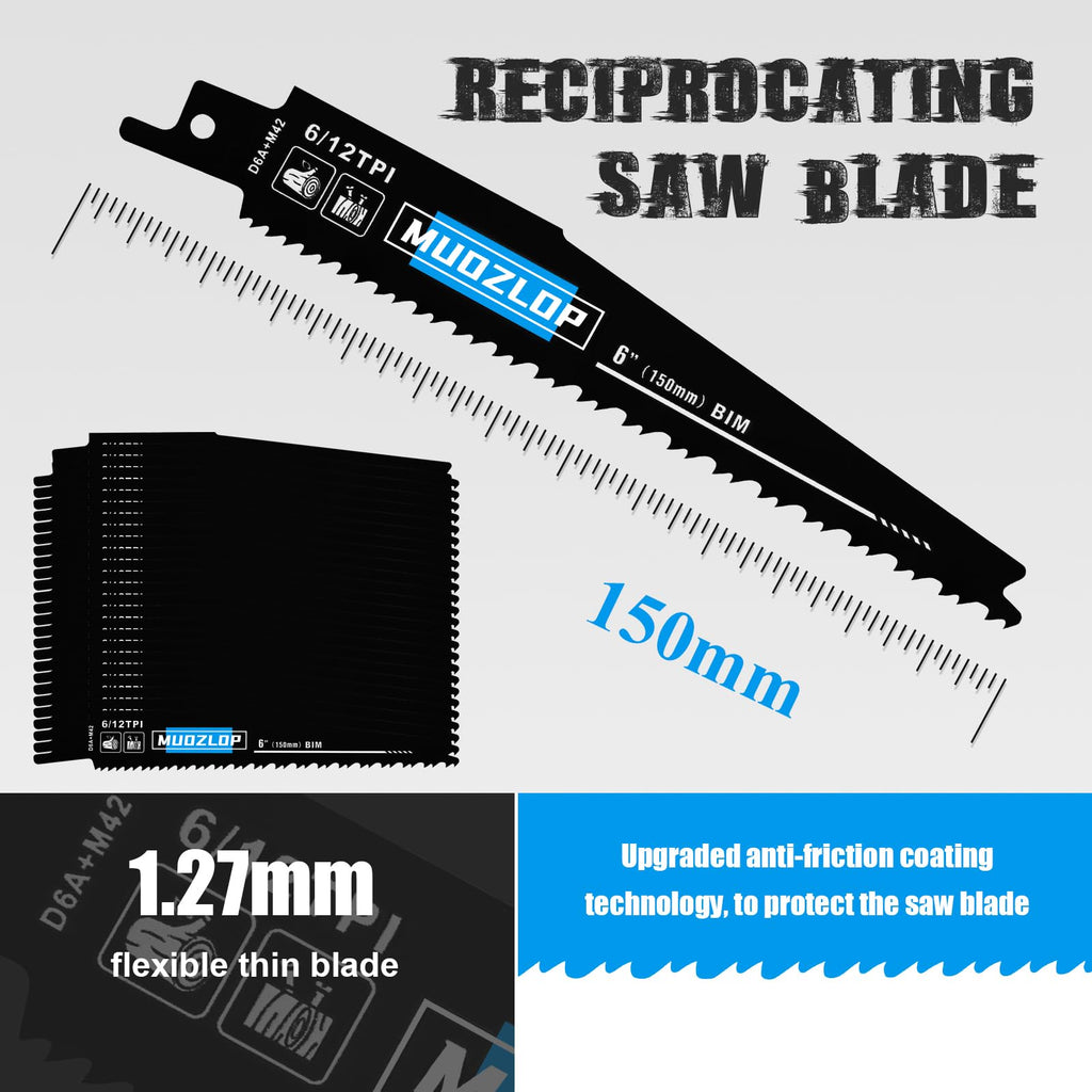 MUOZLOP 25Pack 6inch 6/12TPI Woodcutting Reciprocating Saw Blades Set
