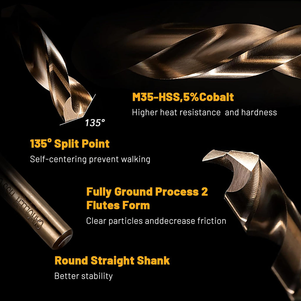 CaRoller 1/4 Inch Cobalt Drill Bit Sets,10 Pack 135 Degree Tip of M35 Length Twist Drill Bits with Storage Case for Hard Metal, Stainless Steel, Cast Iron, Wood and Plastic (1/4"-10pcs-M35)