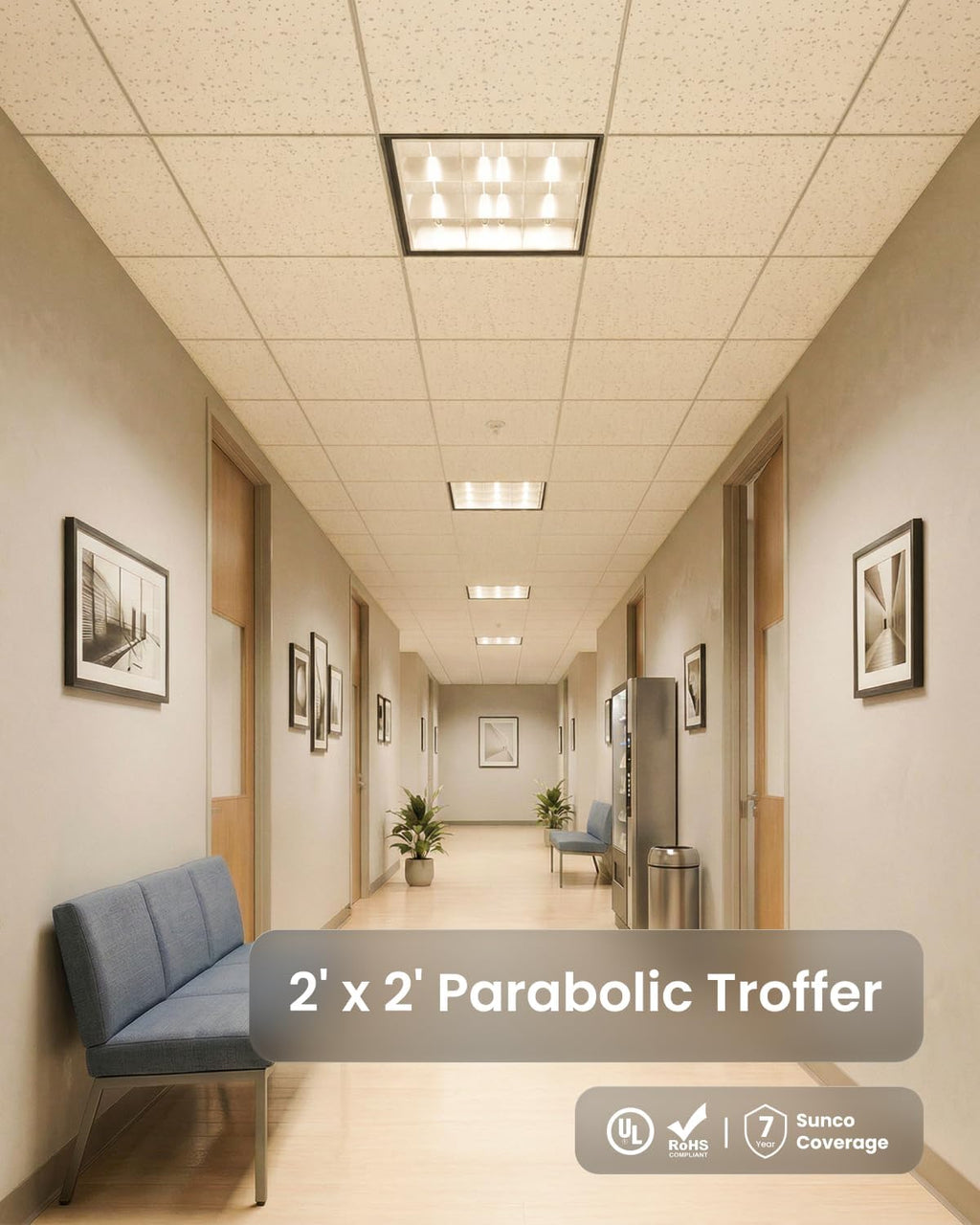 Sunco 2x2 LED Tube Ready Parabolic Louver Troffer Fixture for LED Tubes