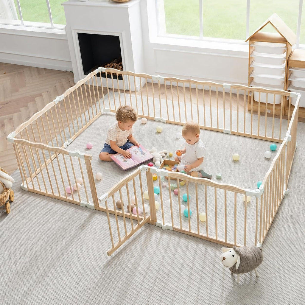 86" x58" Modular Foldable Baby Playpen & Safety Activity Yard with Locking Walk-Through Gate for Infants & Toddlers — Natural Wood