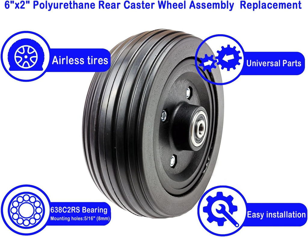 6"x2" Rear Caster Wheel Assembly for Jazzy Select, Jazzy Select Elite, and Pride TSS 300 (WHLASMB2047),Replacement Power Chair Wheels W/Solid Tires and W/Bearings,WHLASMB2047,Black 1Pr.