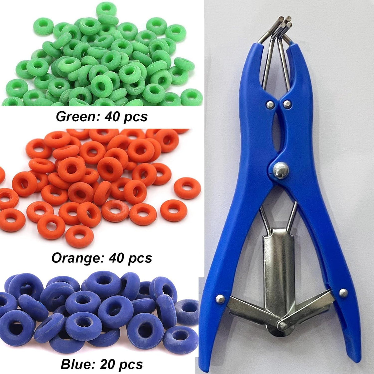 Goat Banding Tools Livestock Bander and Bands Kit with 1pc Expander Plier, 100pcs Rings (Blue Orange and Green)