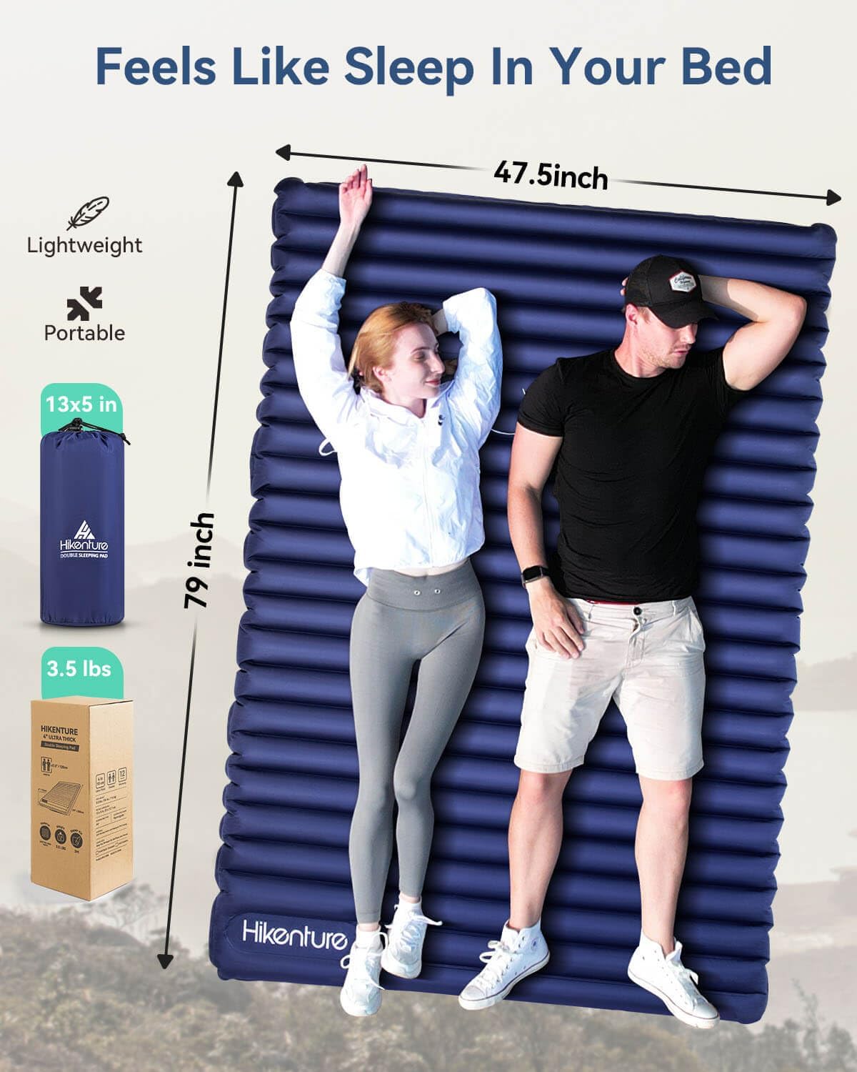 Double Sleeping Pad for Camping, Ultralight 4" Extra-Thick Camping Mattress 2 Person, Inflatable Backpacking Sleeping