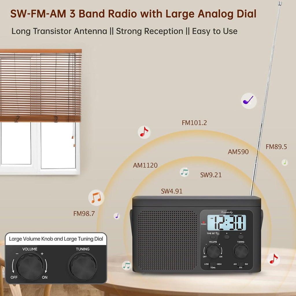 AM FM Radio Portable Shortwave Radio Battery Powered/Plug in Wall