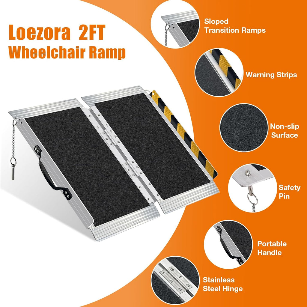 2ft Portable Wheelchair Ramp, Non-Skid Aluminum, Folding