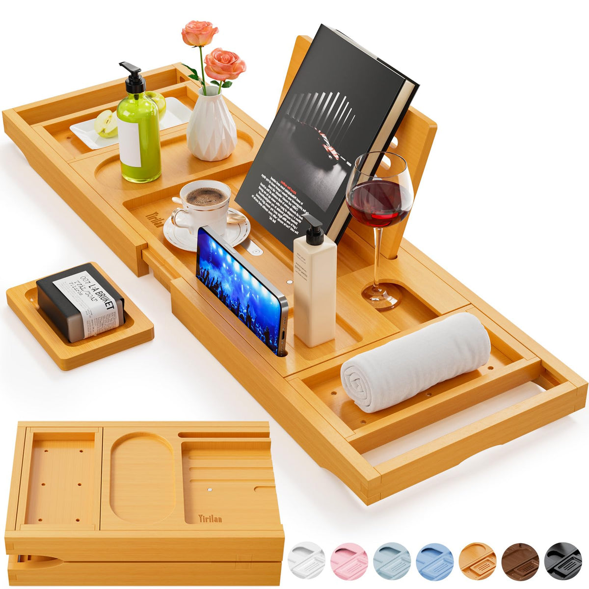 Bamboo Bath Tray, Foldable Premium Bath Caddy, Adjustable Bath Board with Book Rest, Extendable Wooden Tray Bath