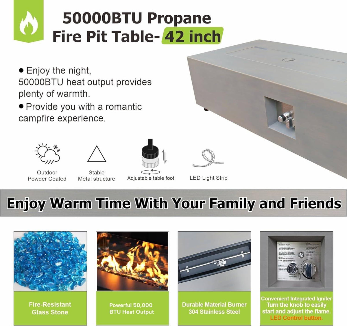 2-Piece 42" Rectangular Propane Fire Pit Table for Outside Patio 50,000 BTU