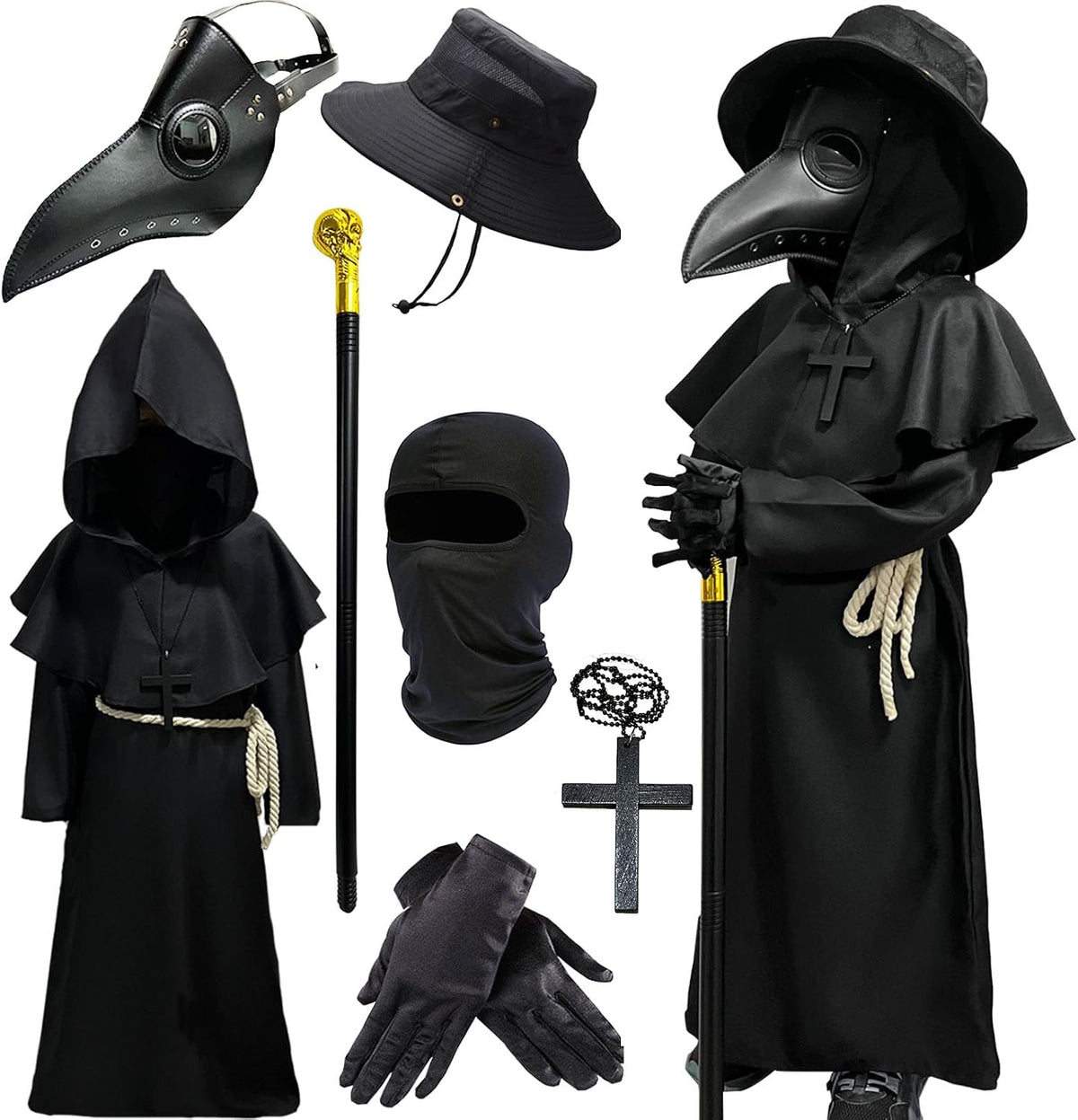 Plague Doctor Costume Kids Scary Halloween Costumes Outfits 130 | Halloween Mask Hat Cane Robe Hood Goves