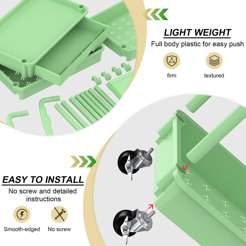 3 Tier Rolling Utility Cart Organizer with Removable Drawer, Green