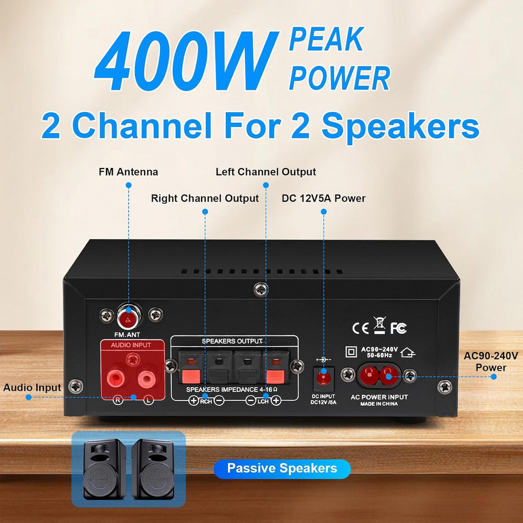 AK45 Bluetooth 5.0 Audio Amplifier 400W 2 Channel Stereo Receiver