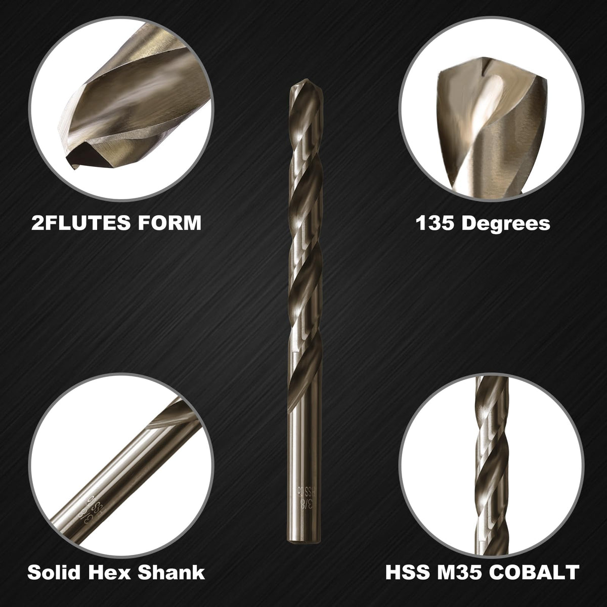 3/8 Cobalt Drill Bit for Metal and Hard Steel(5Pcs),M35 High Speed Steel Twist Jobber Metal Drill Bits,with Index Storage Case