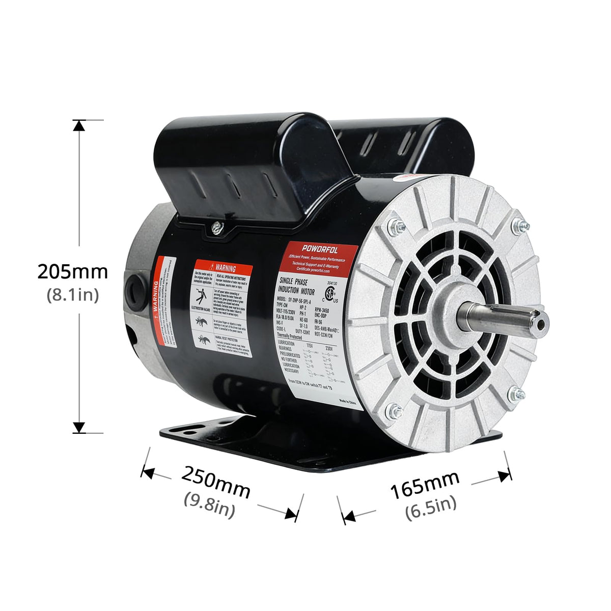 POWORFOL 2 HP Electric Motor, 115/230V Single Phase, 3450 RPM, 56 Frame, 5/8" Keyed Shaft, Air Compressor Replacement Motor (2HP)