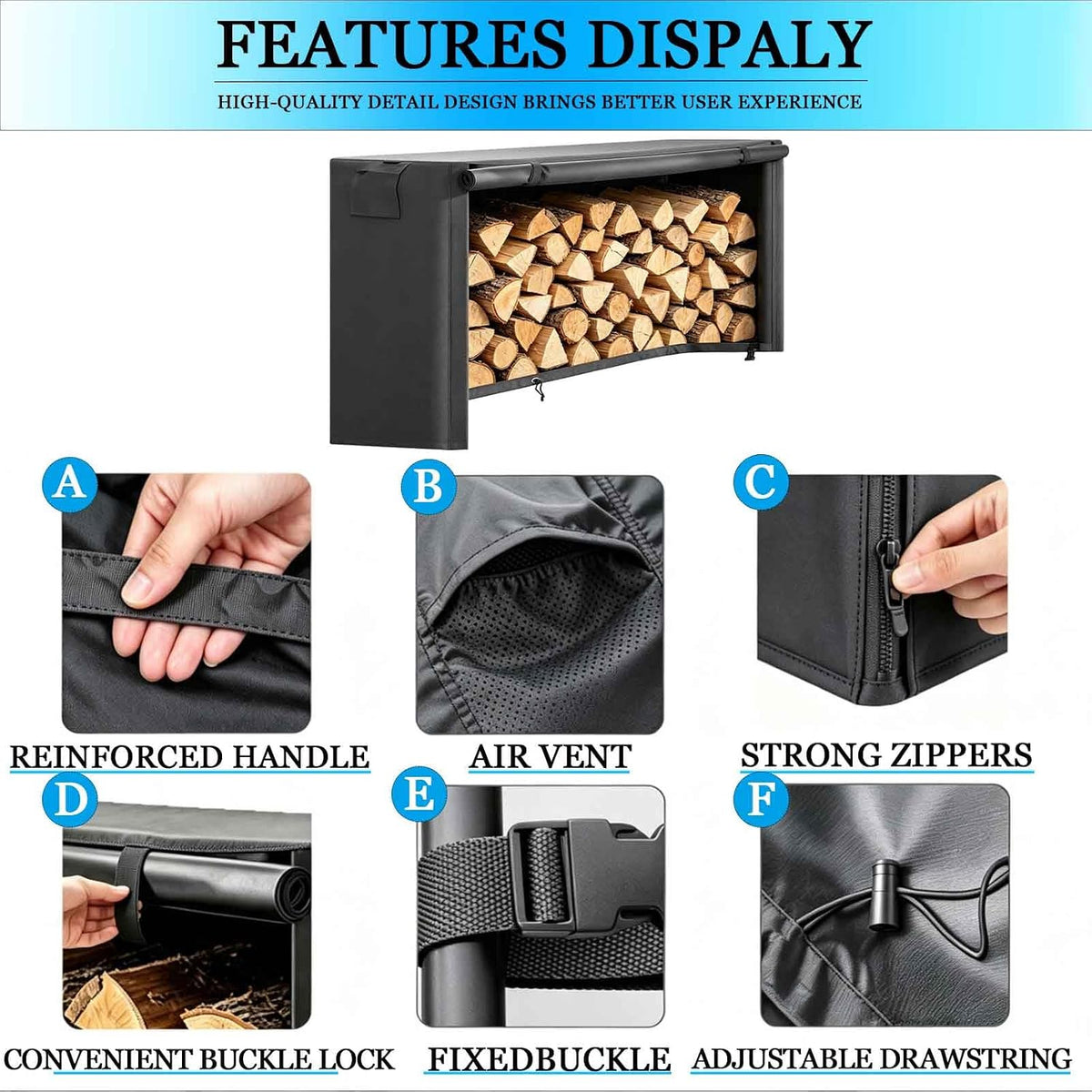 Outdoor Firewood Log Rack Cover, 4/5/6/8/10/12 FT Heavy Duty 600D Oxford Waterproof Weather Resistant Fire Wood
