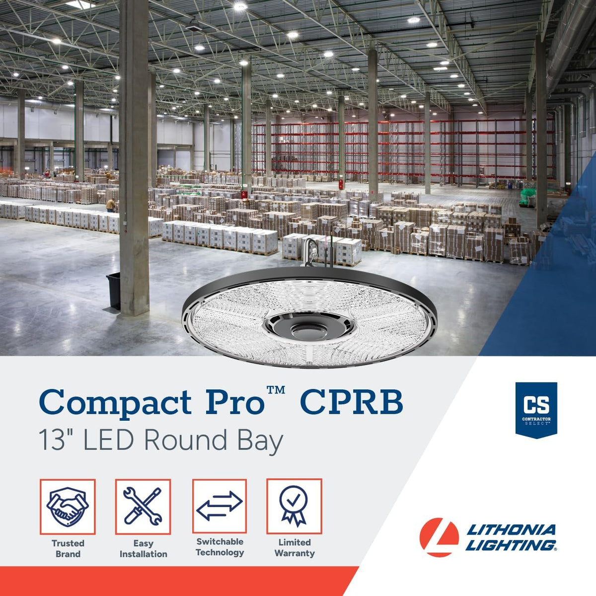 Lithonia Lighting Compact Pro Round LED High Bay Light, Ceiling Lighting Fixture, Adjustable 12000/15000/18000 Lumens, Selectable 4000K/5000K, UVOLT 120–347V, Black (CPRB ALO13 UVOLT SWW9 80CRI DBL)