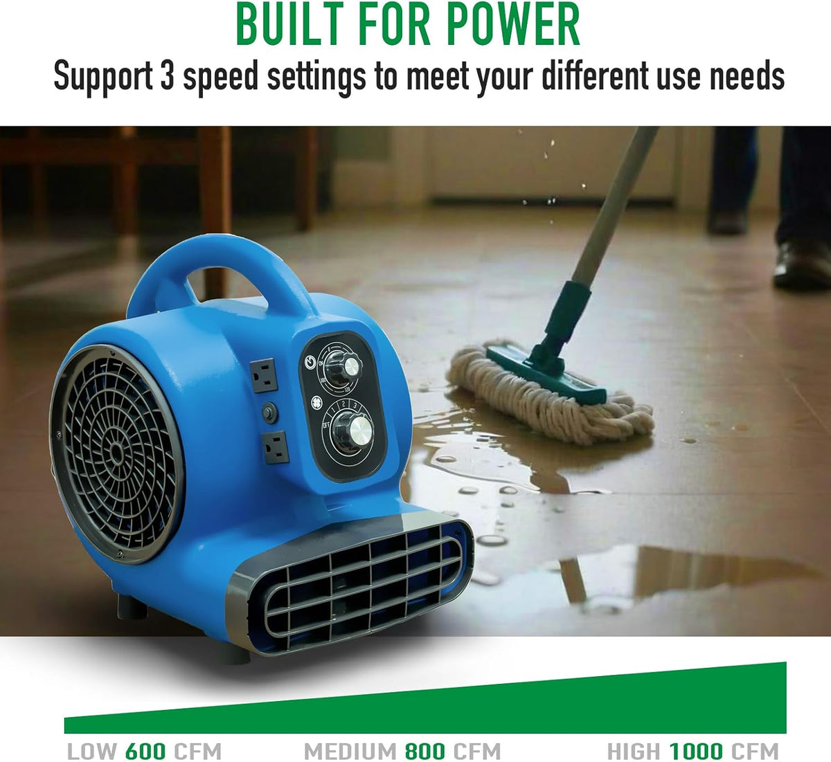 Air Mover, 1/4 HP 1000 CFM Carpet Dryer for Cooling and Ventilating, Portable Floor Blower Fan with 4 Blowing Angles