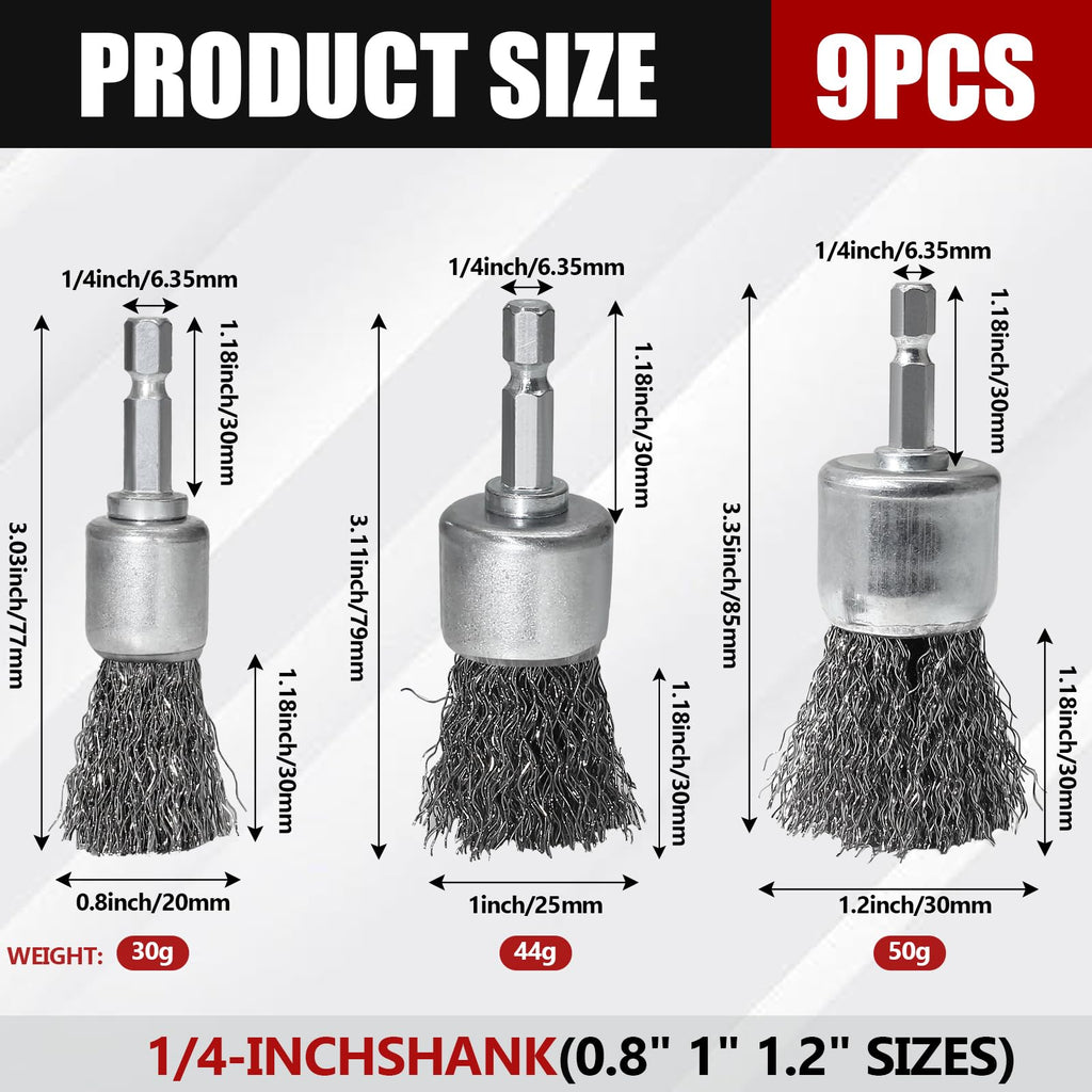Opfiue 9 PCS 1/4" Hex Shank Wire Brush Wheel for Drill, 0.8" 1" 1.2" Sizes