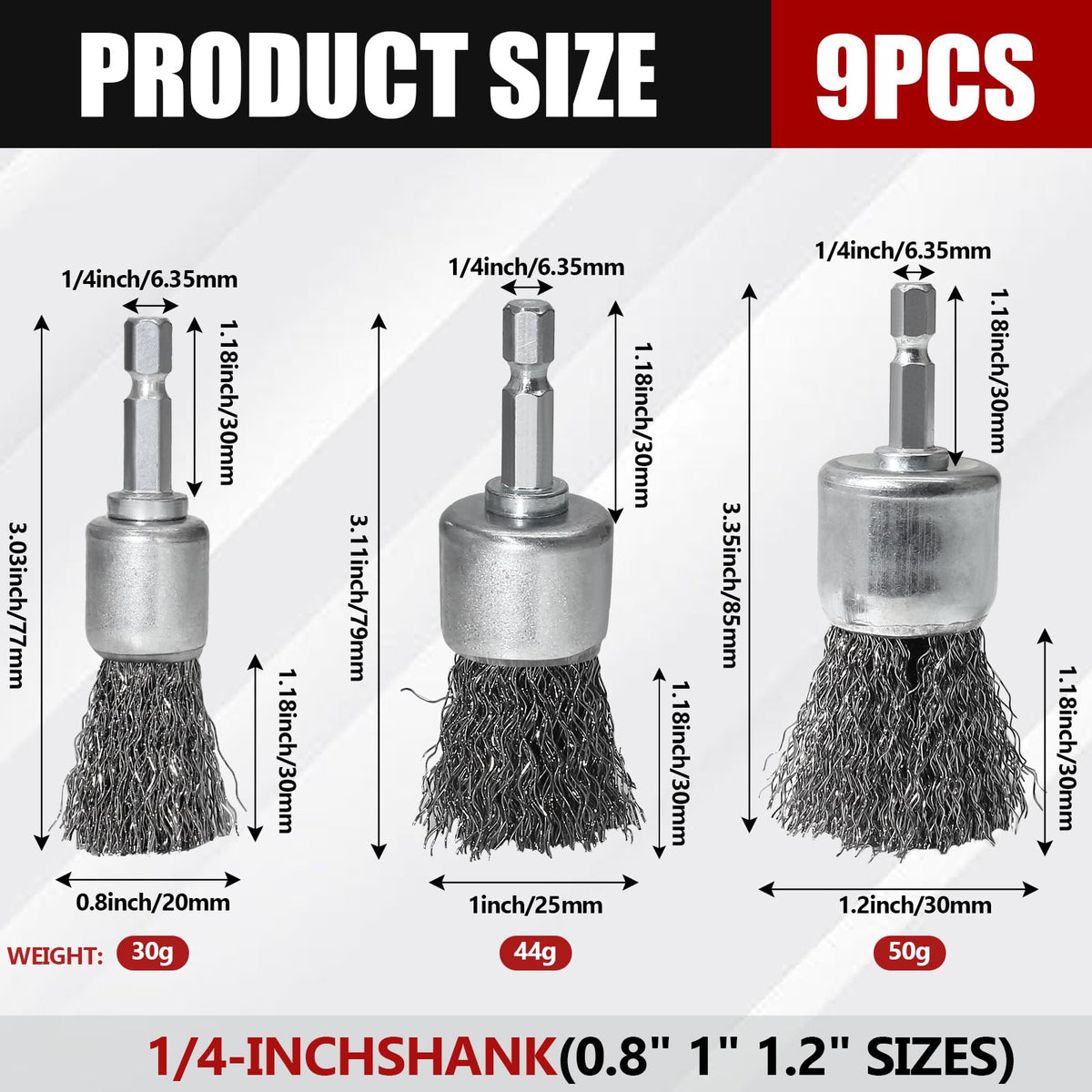 Opfiue 9 PCS 1/4" Hex Shank Wire Brush Wheel for Drill, 0.8" 1" 1.2" Sizes