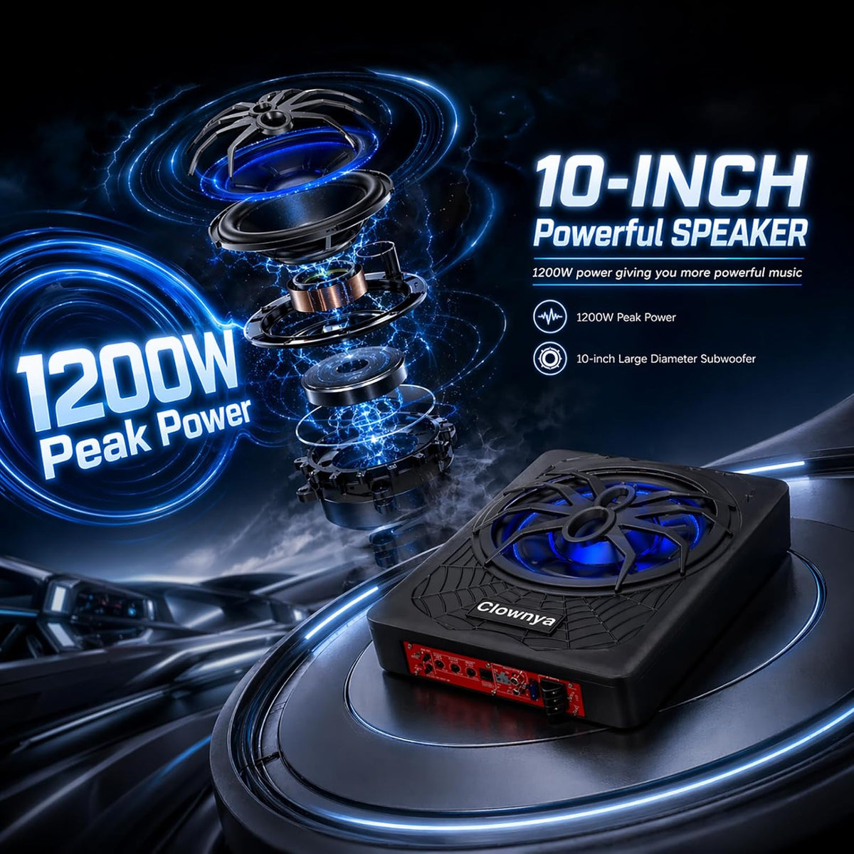 10" 1200W Slim Under-Seat Powered Car Subwoofer with Built-in Amp | Aluminum enclosure, high and low level RCA and