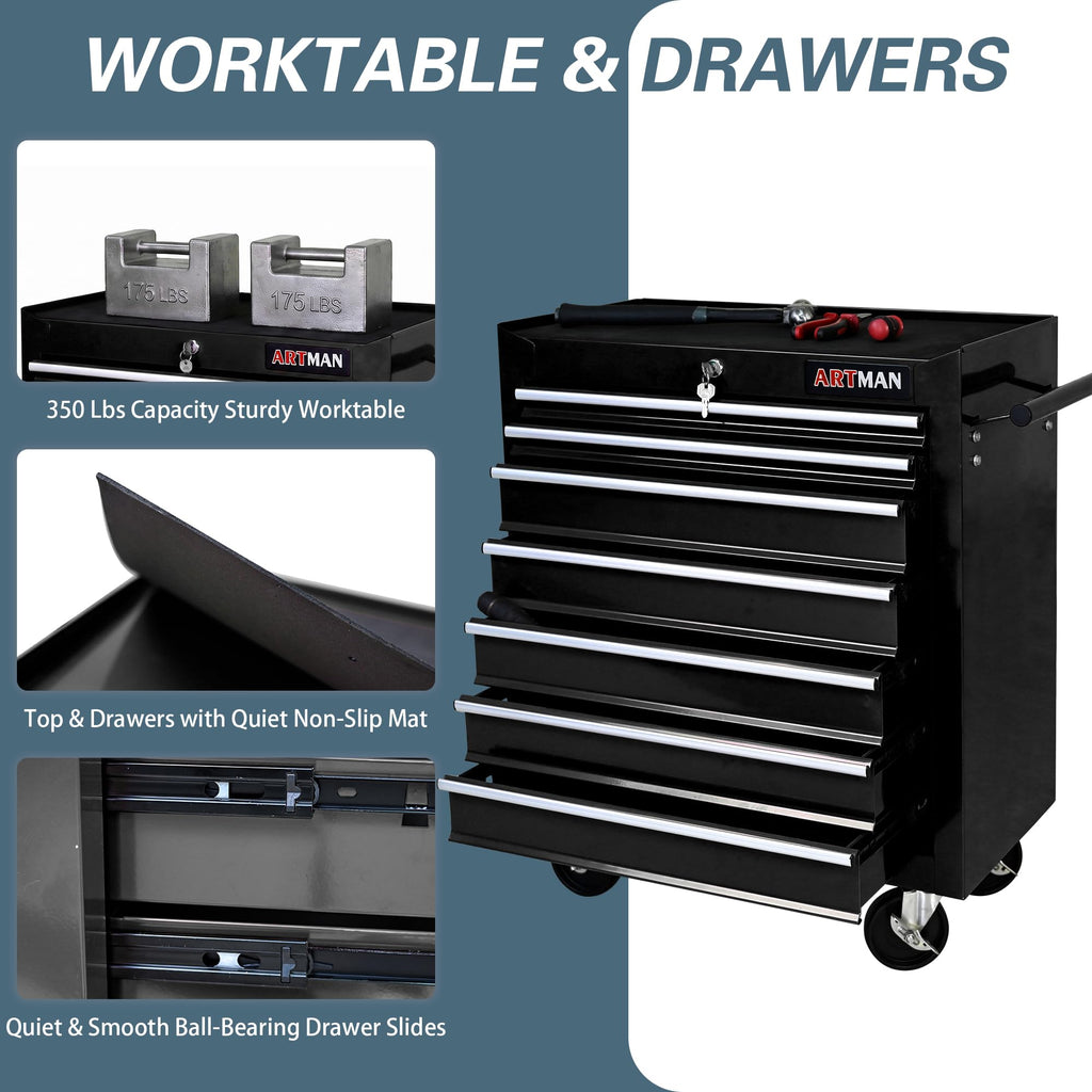 7 Drawers Rolling Tool Chest on Wheels, Multifunctional Tool Cart Tool Storage, Drawers Rolling Tool Trolley