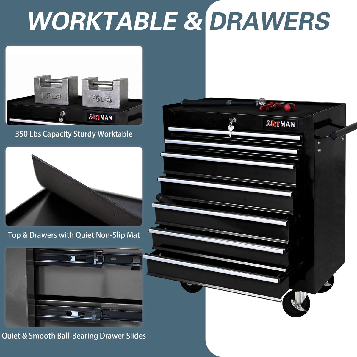 7 Drawers Rolling Tool Chest on Wheels, Multifunctional Tool Cart Tool Storage, Drawers Rolling Tool Trolley