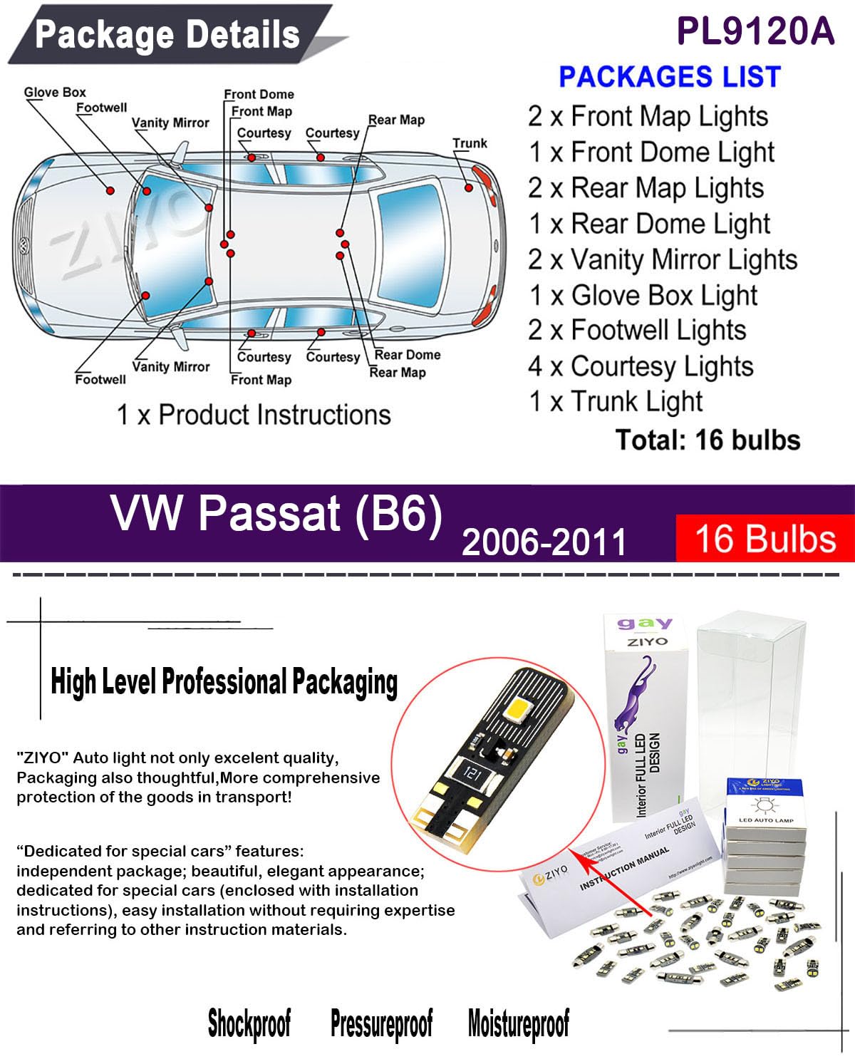 ZIYOLIGHT - PL9120A Replacement for Volkswagen Passat B6 2006-2011 LED Interior Light kit, 6000K White Dome Light Bulbs Accessories Package Upgrade (16 Bulbs)