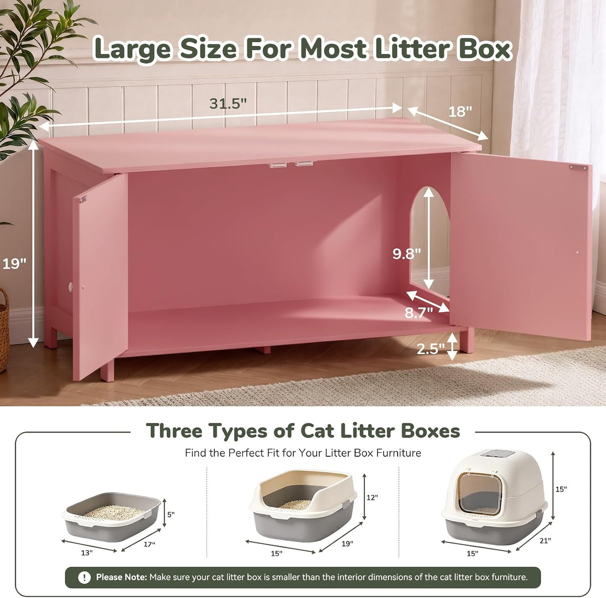 Hidden Cat Litter Box Enclosure Furniture, Extra Large, Pink