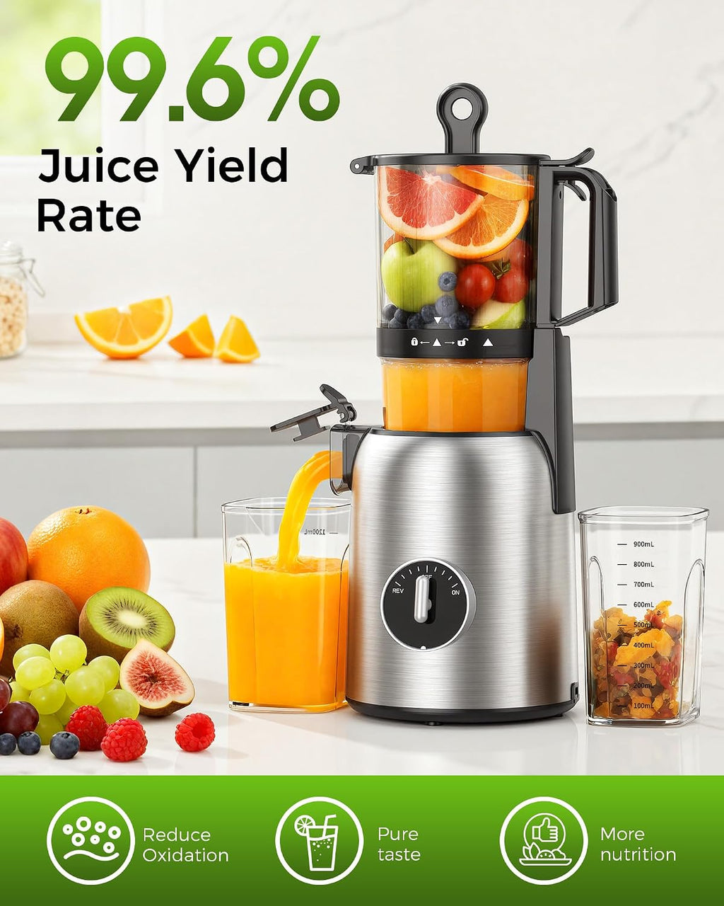 Cold Press Juicer, Juicer Machines with 5.4" Wide Feed Chute, High Juice Yield Slow Masticating Juicer, Quiet Motor