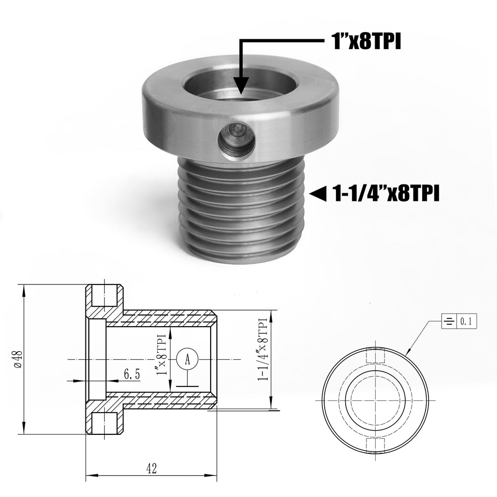 1"x8TPI Female to 1-1/4"x8TPI Male Thread Adaptor for Woodworking Lathe Headstock Spindle Woodturning. Fitted with jackscrews for safety reverse turning.