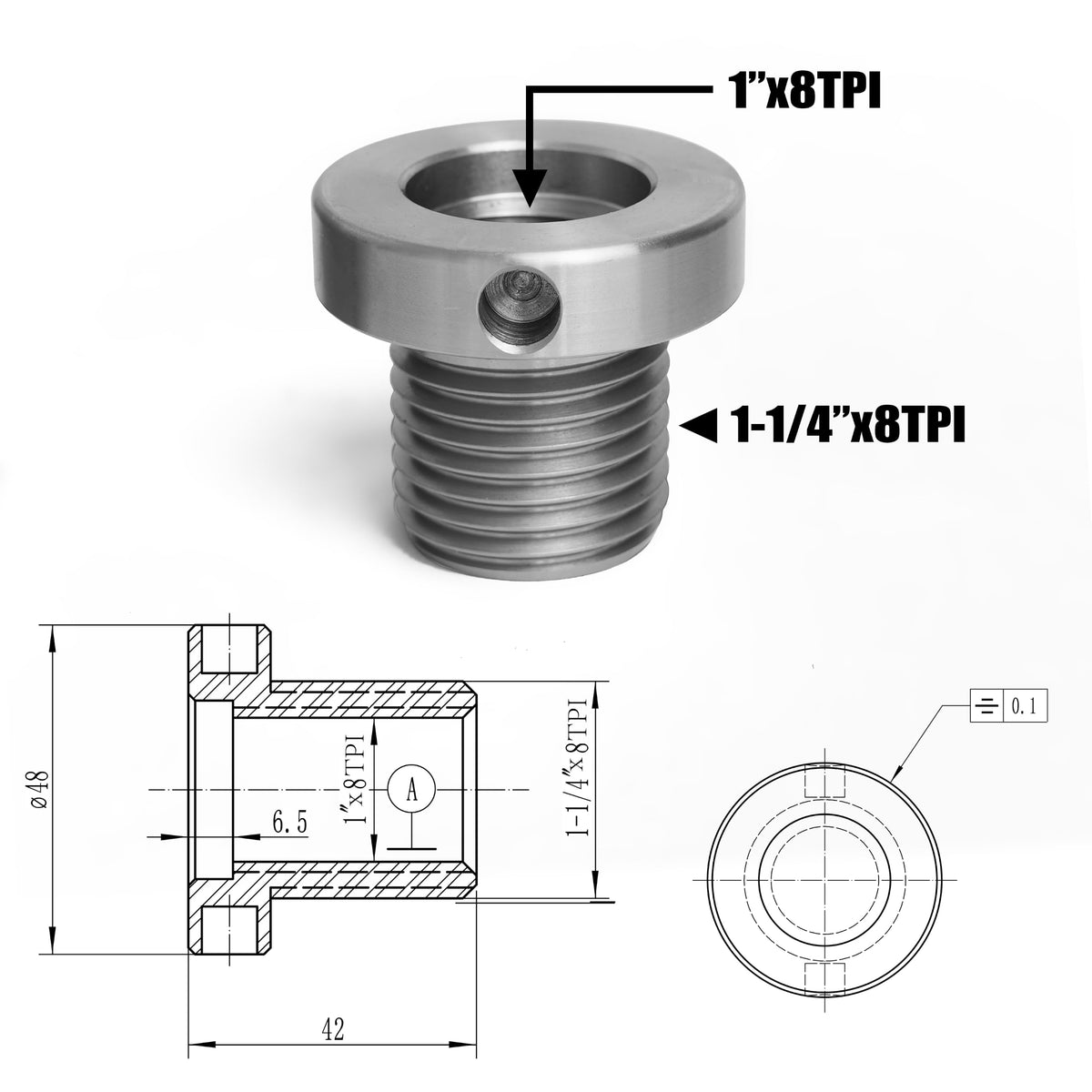 1"x8TPI Female to 1-1/4"x8TPI Male Thread Adaptor for Woodworking Lathe Headstock Spindle Woodturning. Fitted with jackscrews for safety reverse turning.