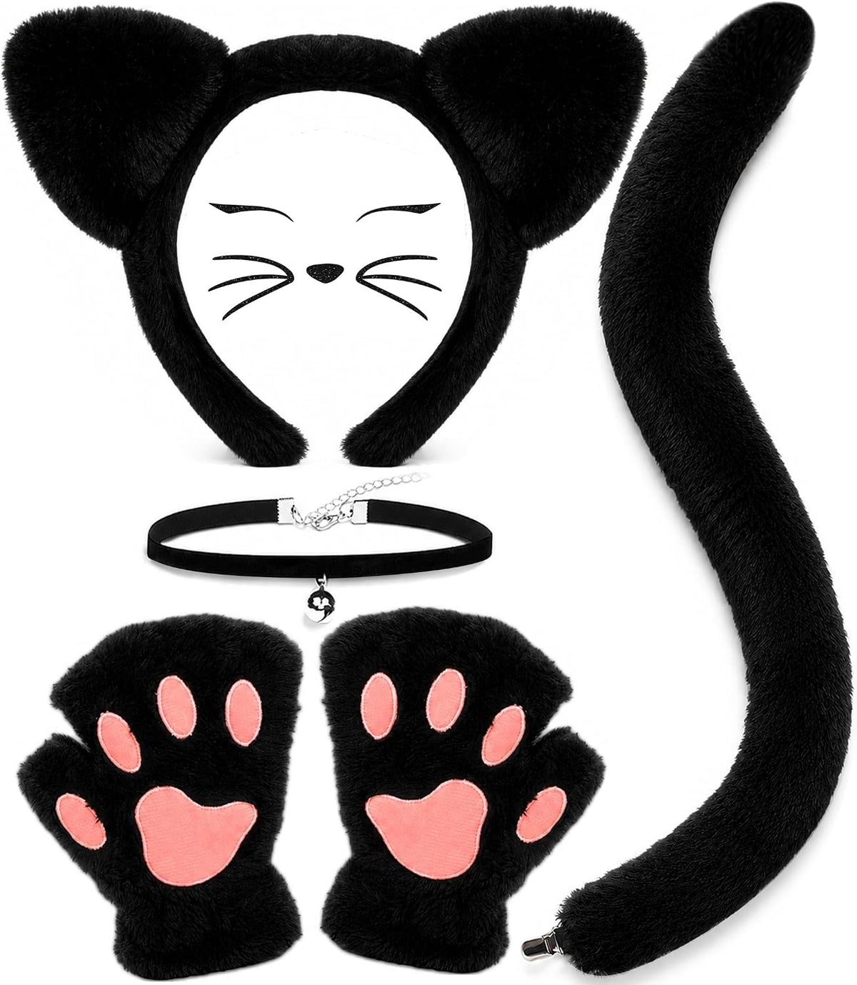 Black Cat Costumes, Cat Ears Headband Tail Paws Gloves Collar Set