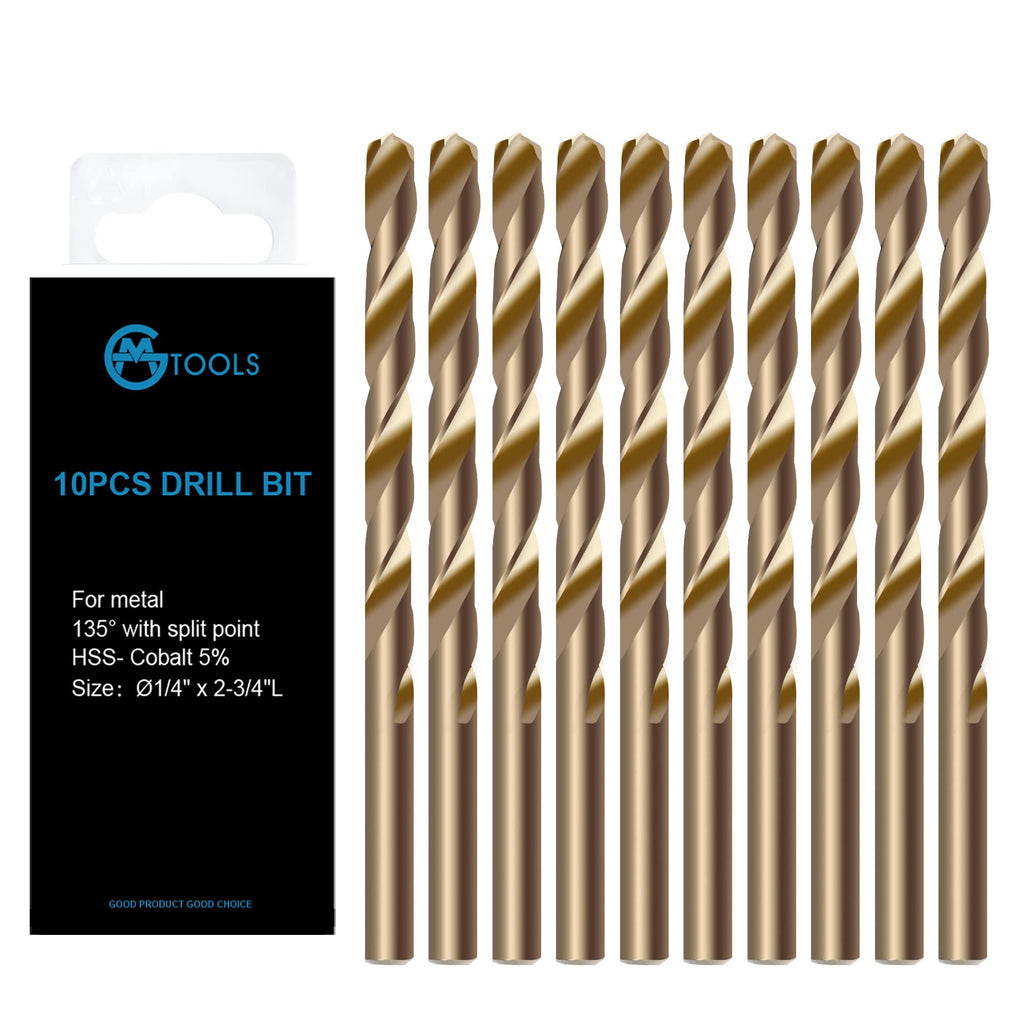 GMTOOLS 1/4 inch Cobalt Drill Bits, M35 HSS, 135 Degree Tip, Jobber Length Twist Drill Bit Set for Hard Metal, Stainless Steel, Cast Iron, Wood and Plastic, with Storage Case, Pack of 10