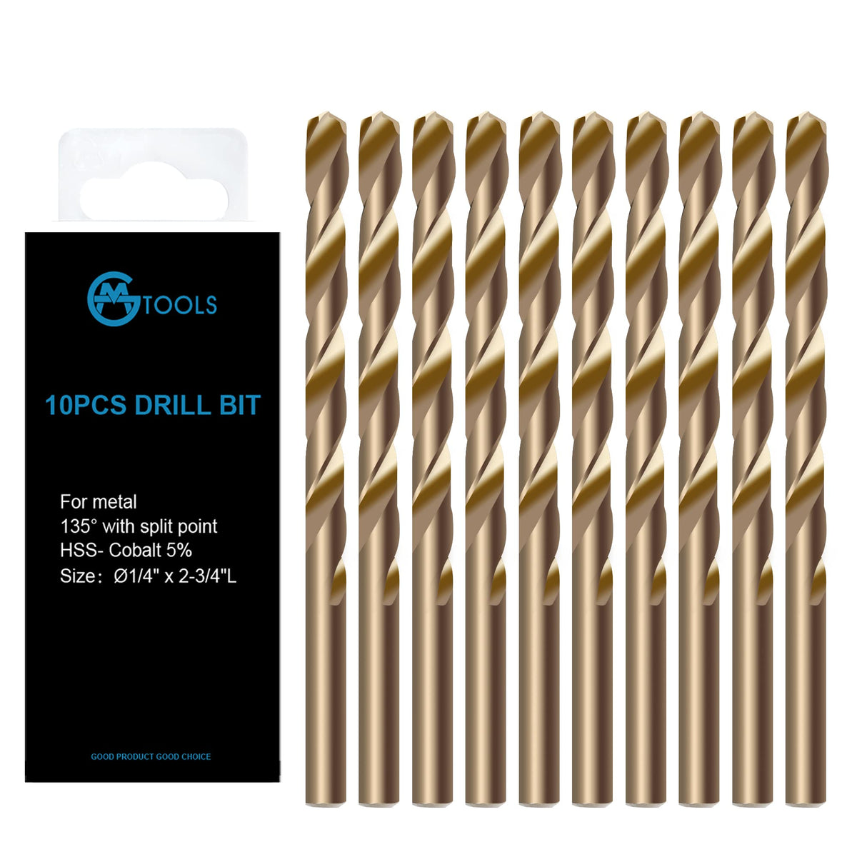 GMTOOLS 1/4 inch Cobalt Drill Bits, M35 HSS, 135 Degree Tip, Jobber Length Twist Drill Bit Set for Hard Metal, Stainless Steel, Cast Iron, Wood and Plastic, with Storage Case, Pack of 10