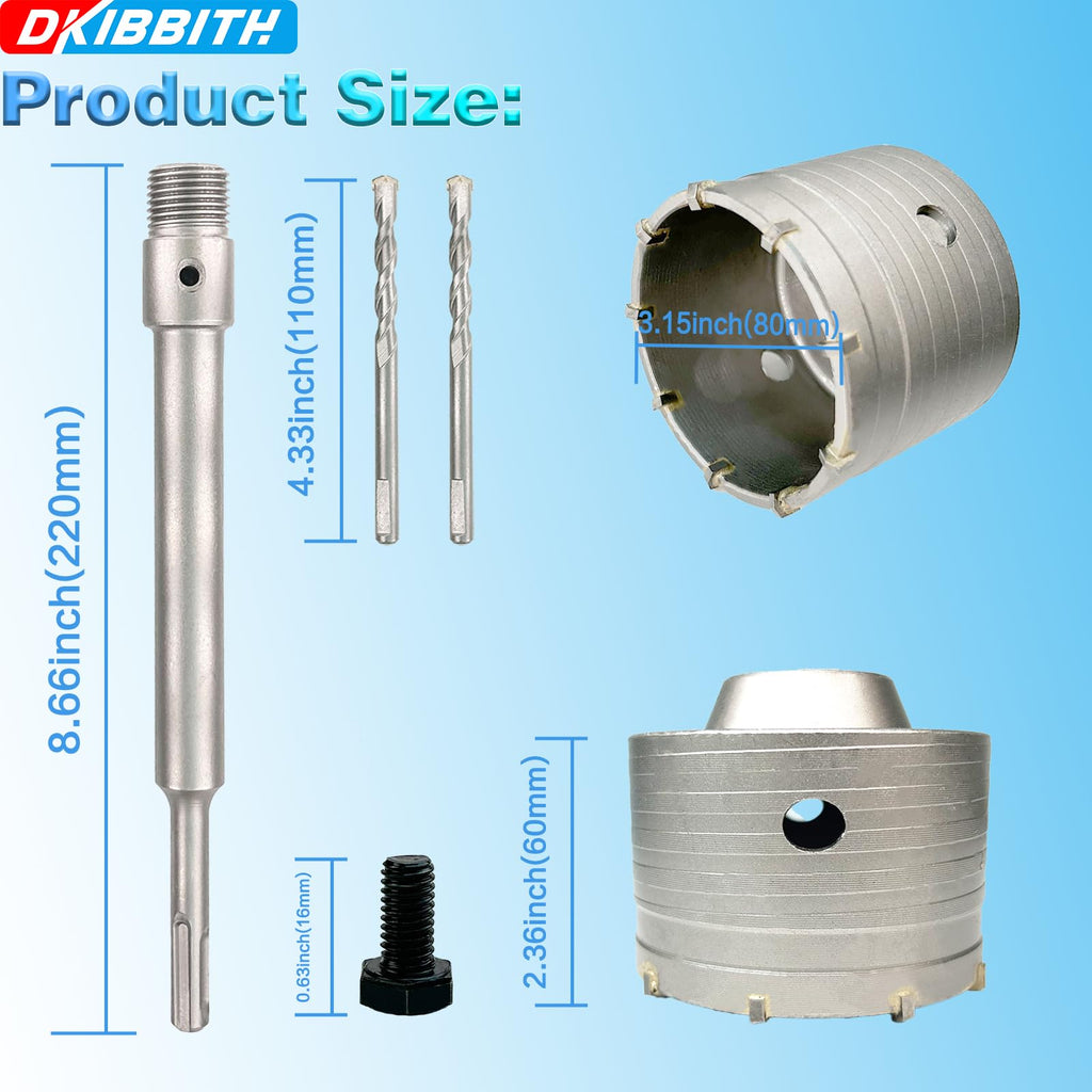3-5/32" Concrete Hole Saw, 80mm Tungsten Steel Core Bit for Cinder Block, Brick, Rock, Plank Walls for Pipes or mini Split Lines, with SDS Plus Shank and 2 Center Positioning Drill Bits.
