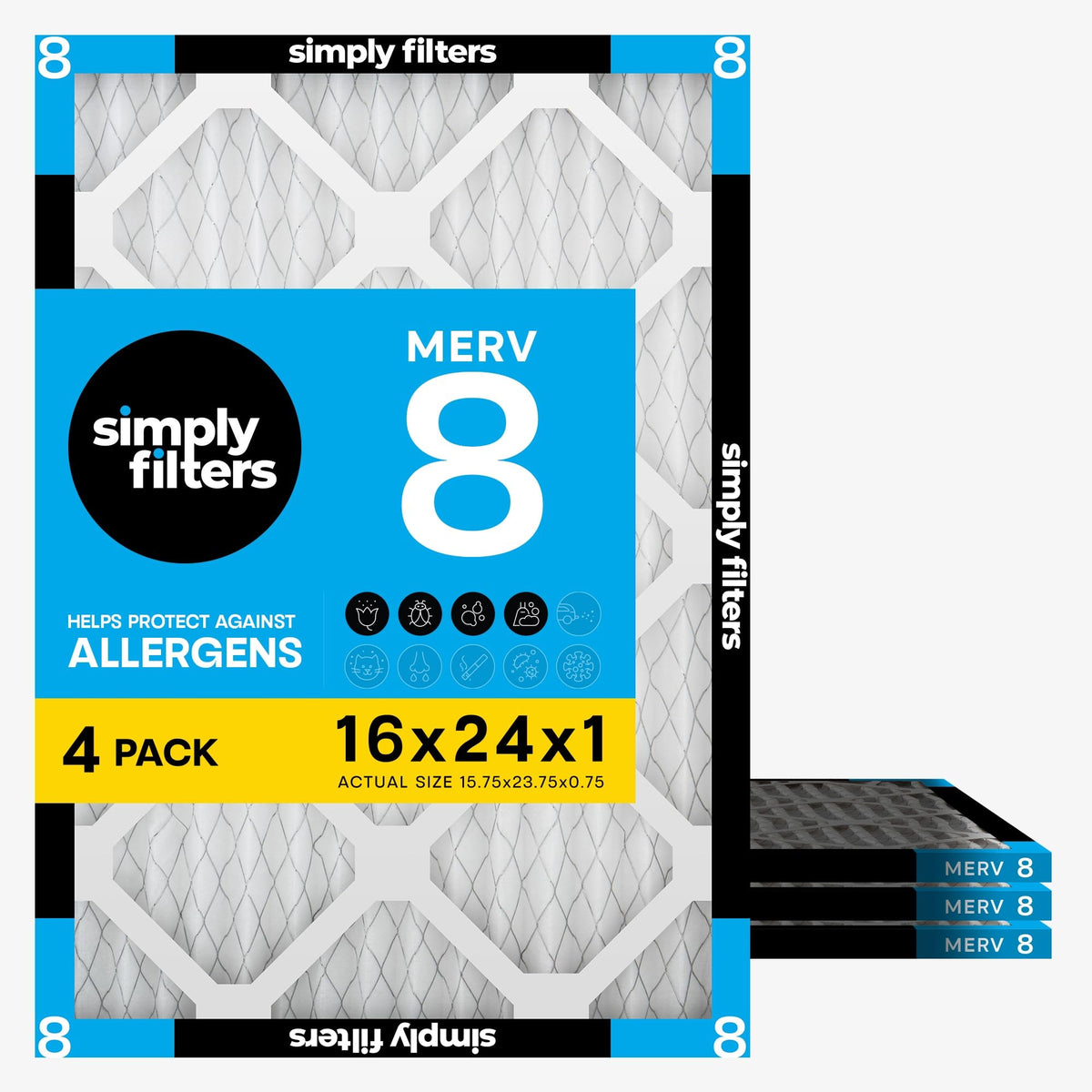 16x24x1 Air Filter, Merv 8, 4 Pack, For Home AC Furnace & HVAC (Actual Size: 15.75"x23.75"x0.75") DUST, Pet, &