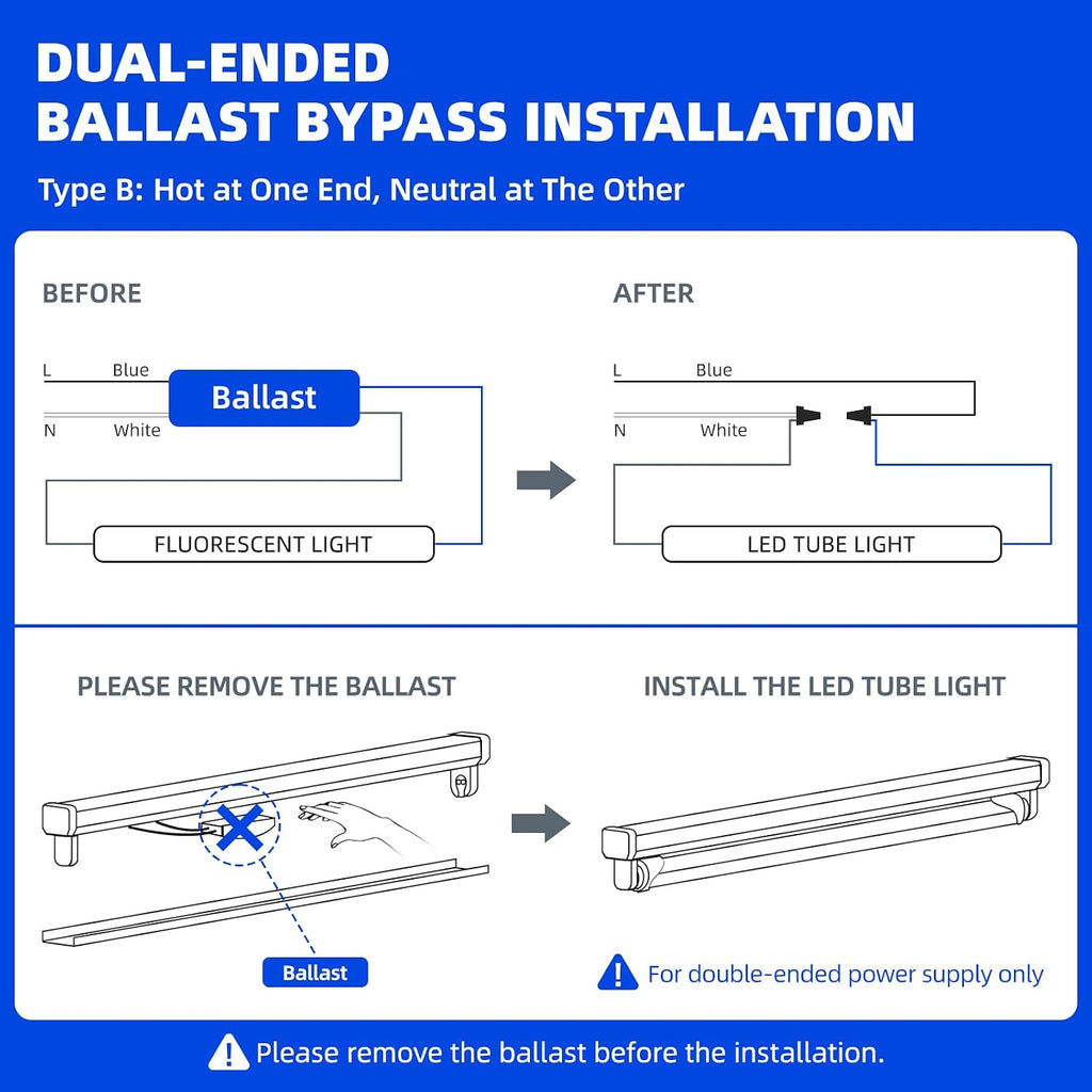 Barrina T8 LED Bulbs 4 Foot, 24W 3200LM, 6000K Bright Light, Ballast Bypass
