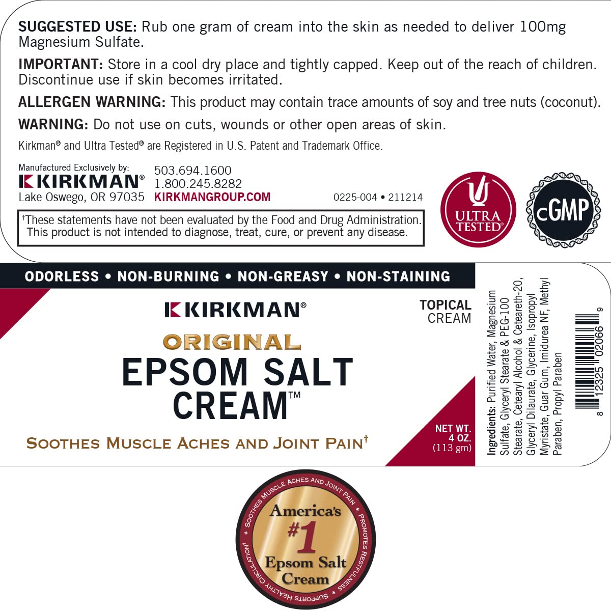 Original Epsom Salt Cream (Magnesium Sulfate), All Skin Types, 4 oz