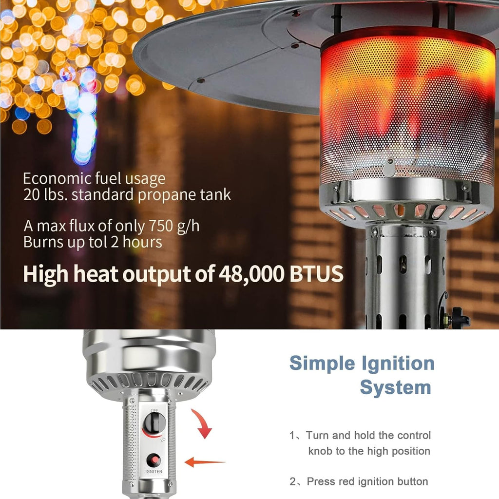 48000 BTU Outdoor Patio Heater, Floor Standing Portable Gas Heating Machine, Porch Propane, Commercial Stainless
