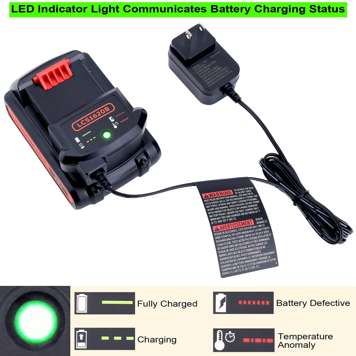 LCS1620B Replacement for Black and Decker 20V Lithium Battery Charger, Compatible with Black and Decker 12V and 20V
