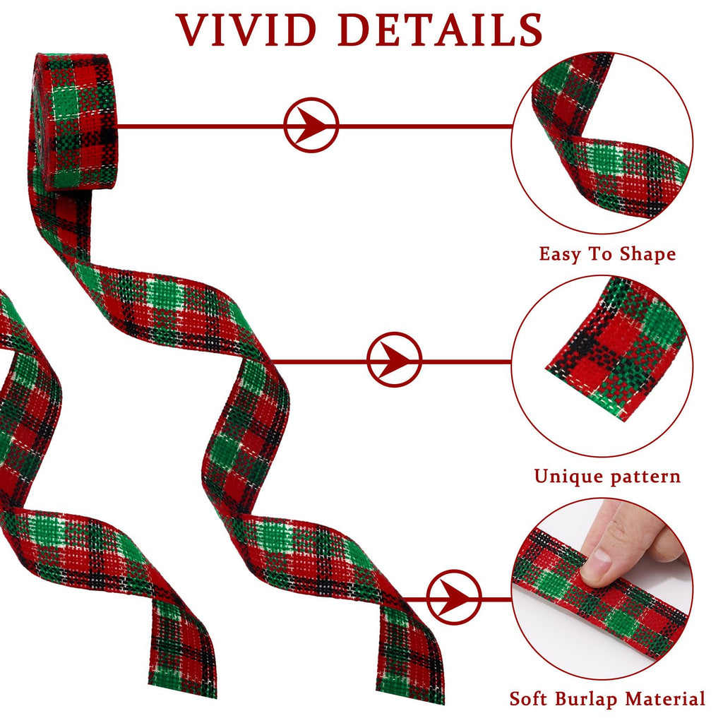 10 Rolls 50 Yards Christmas Burlap Ribbon Rolls 1 Inch Wired Plaid Wrapping Ribbons Xmas Decorative Ribbon for Wreath