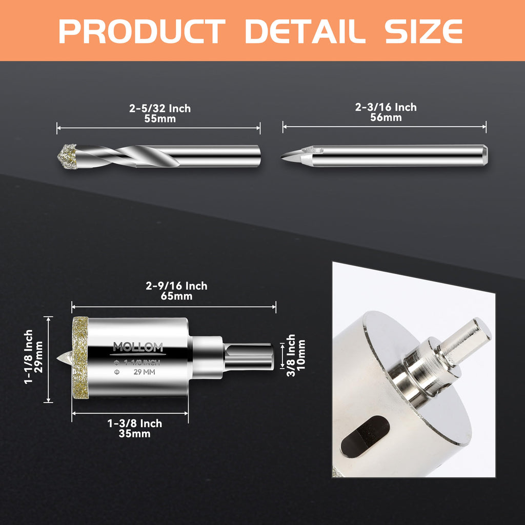 MOLLOM 1-1/8" (29mm) Diamond Hole Saw with 2 Pilot Drill Bit